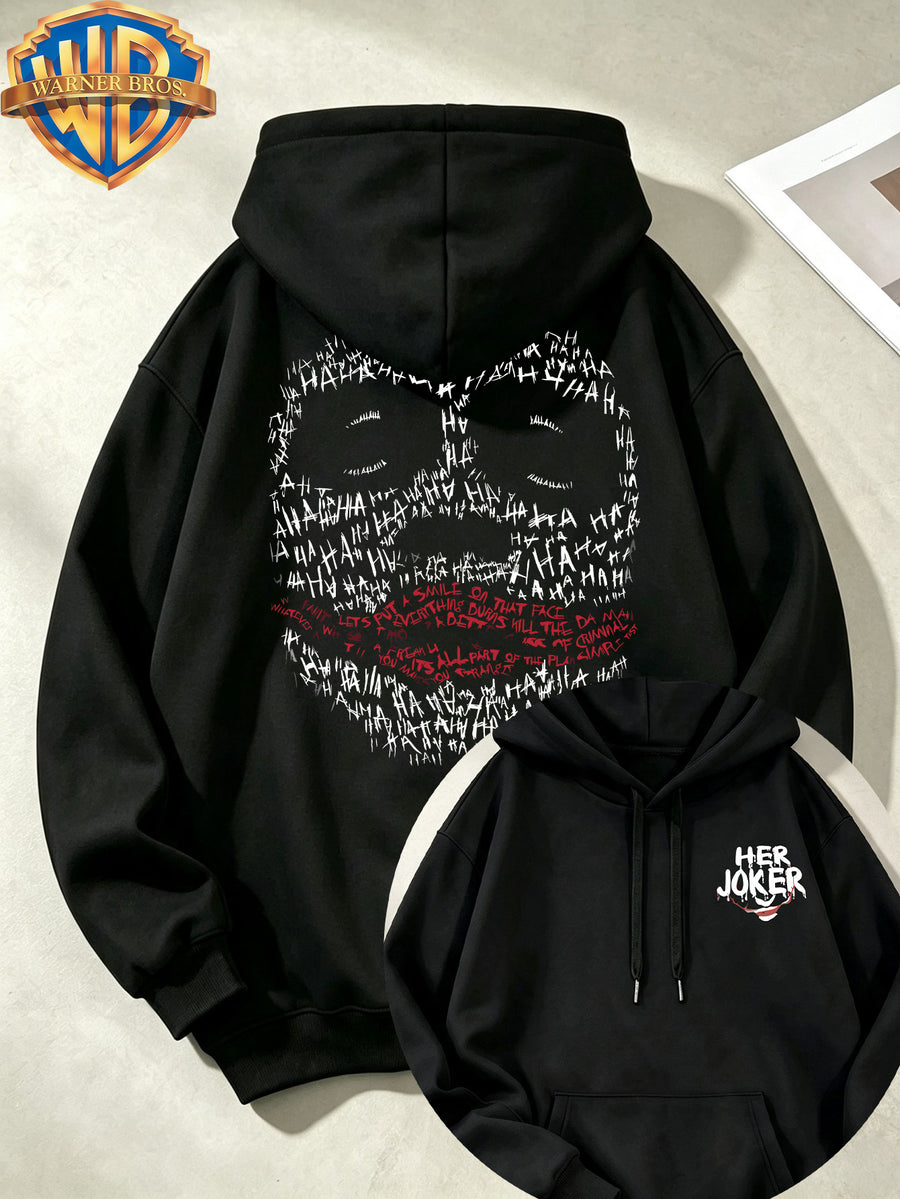 Joker HAHA Text Surround Graffiti Print Trendy Cool Casual All-Match Sports Drawstring Pocket Hooded Men'S Sweatshirt, Men'S Autumn Winter Cute Casual Style - Black