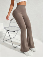 DW260607028 Women's Fashion Letter-Print Ribbed Flared Pants, Everyday Casual Y Fitness Flared Trousers - Khaki