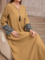 2026 Spring/Summer New Long Sleeve Women's Printed Maxi Dress, Loose A-Line Fringe Patchwork Middle Eastern Dress - Camel