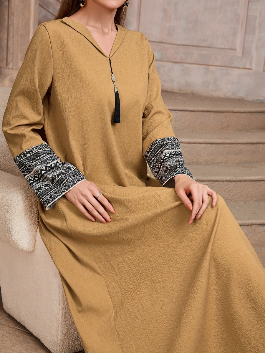 2026 Spring/Summer New Long Sleeve Women's Printed Maxi Dress, Loose A-Line Fringe Patchwork Middle Eastern Dress - Camel