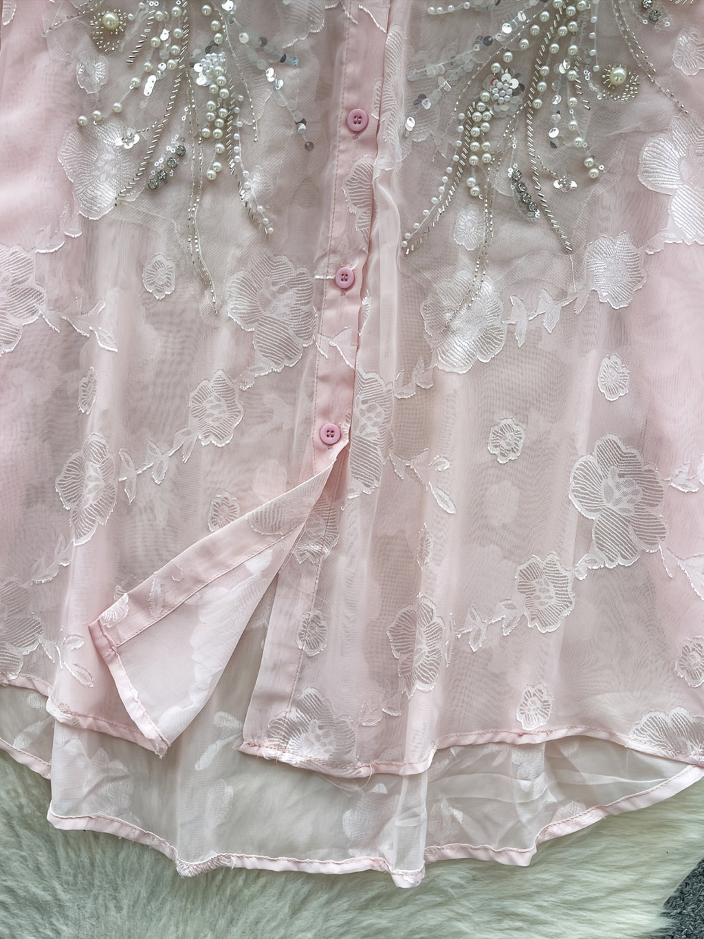 Light Luxury Socialite Heavy Bead Sequin Embroidery Lantern Sleeve Shirt Women'S Summer Thin Loose Outerwear Long Sleeve Top - Pink