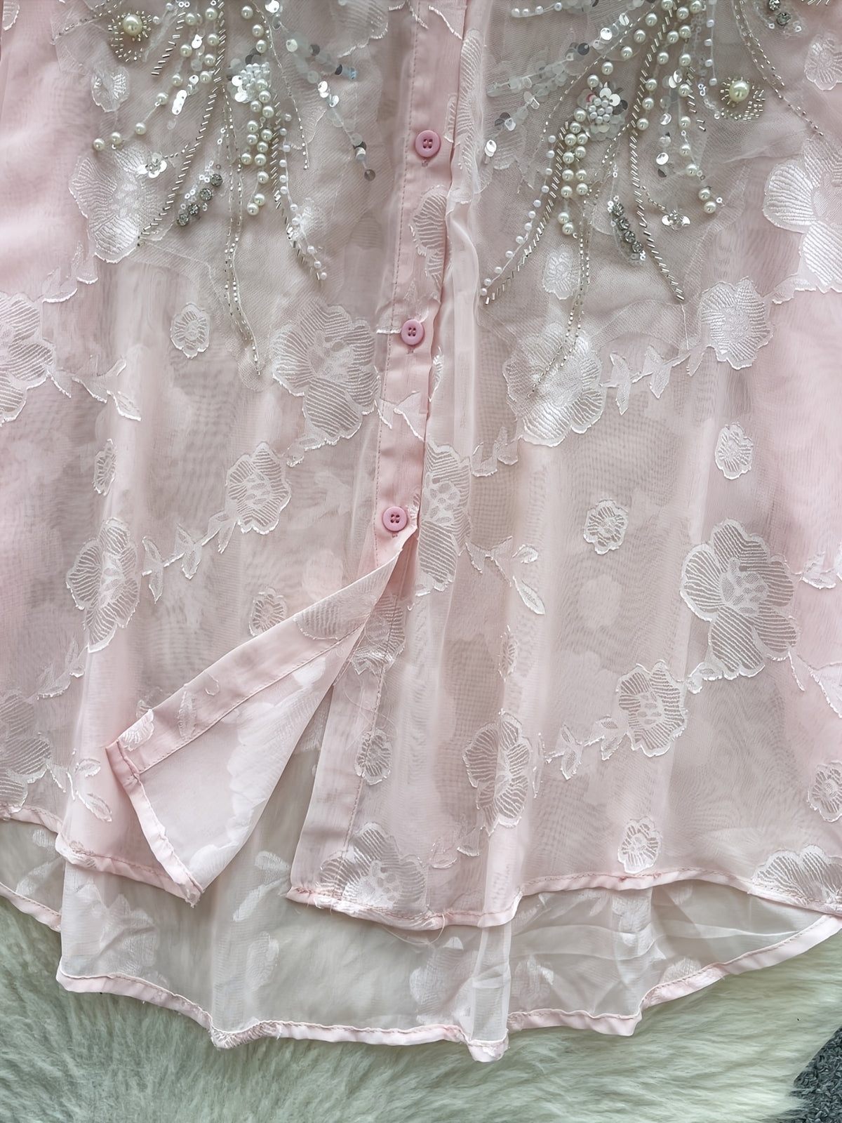Light Luxury Socialite Heavy Bead Sequin Embroidery Lantern Sleeve Shirt Women'S Summer Thin Loose Outerwear Long Sleeve Top - Pink