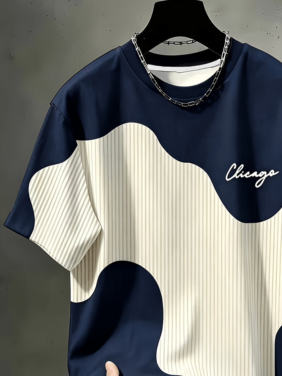 Print Design Textureless Men'S Casual Round Neck T-Shirt, Geometric Pattern Patchwork Striped Design, Chicago Word Pattern, Drapey Fashion Top, All-Season Wear, Breathable Regular Fit for Casual And Formal Outfits - Round Neck Casual Top - Mixed Color 3