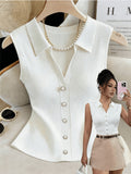 1pc Gentle Style Lapel Sleeveless Vest, Vertical Ribbed Slim Fit Pearl Button Waist-Cinching Cropped Top, Elegant and Versatile Style for Dates and Daily Commutes - White