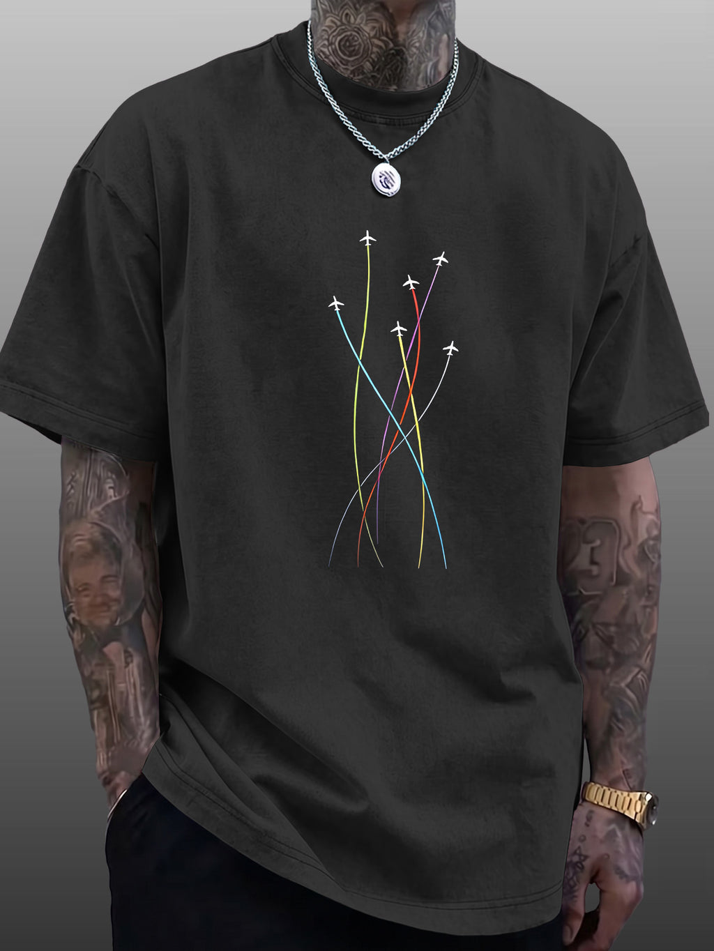 Men's Short-Sleeve T-Shirt, Pure Cotton Loose Fit Half-Sleeve Top, Washed Distressed Colorful Airplane Route Lines, Trendy Reversible Double-Sided Print, Multiple Colors for  Mix & Match, American Streetwear Hip-Hop High Street Style, for Daily - Black