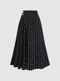 Women'S Elegant Commuter Temperament Polka Dot Side 2pcs Metal Buckle Half Skirt - Black