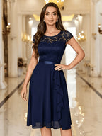 Women's Elegant Round Neck Cap Sleeve Floral Lace Trim Chiffon Flared Ruffle Hem Short Party Dress Wedding Guest Dress - Navy Color