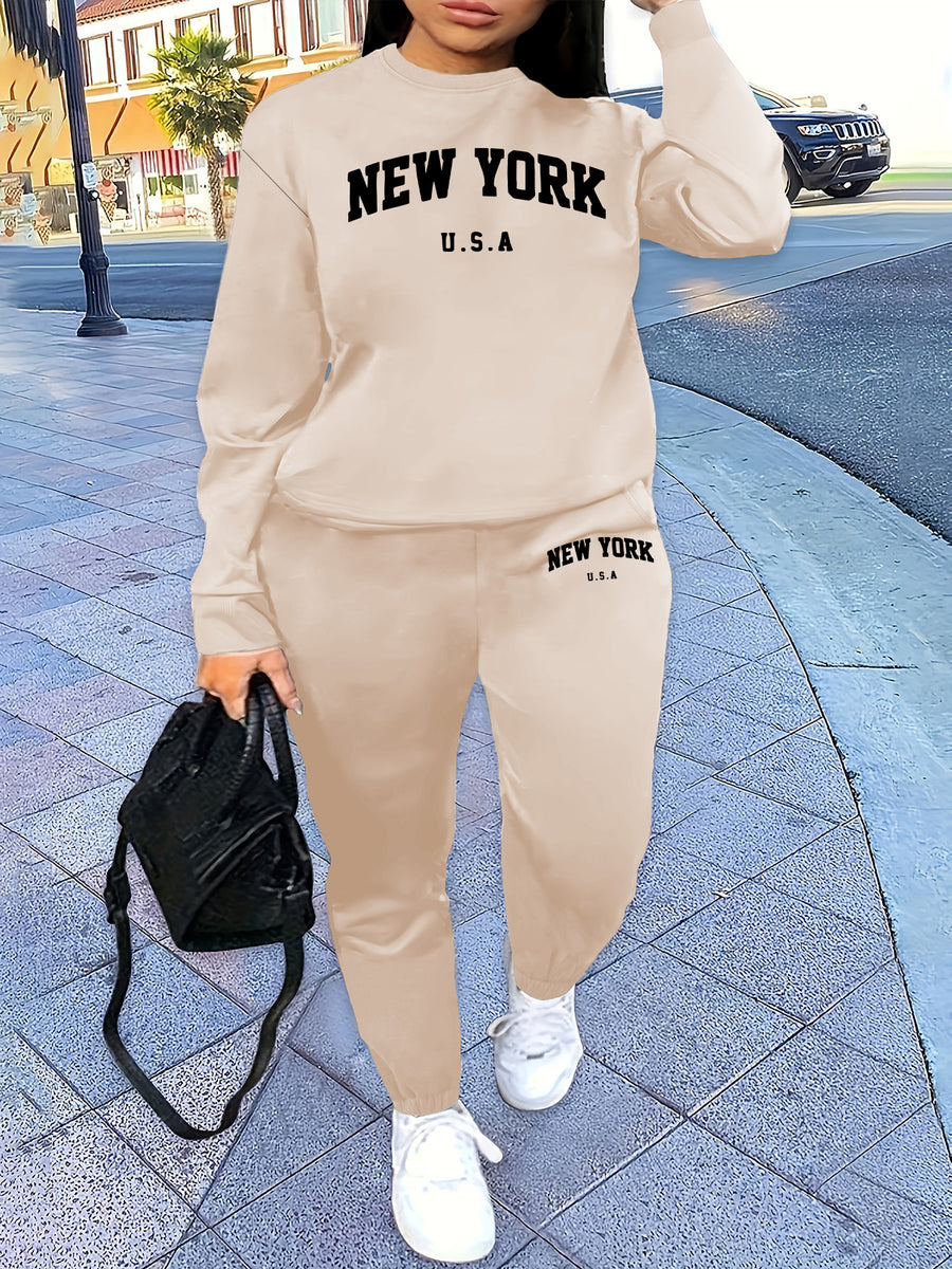 Women'S Two-Piece Set Featuring a Round Neck Sweatshirt And Pants, Designed with Prints, Suitable for Autumn And Winter with Fleece - Apricot