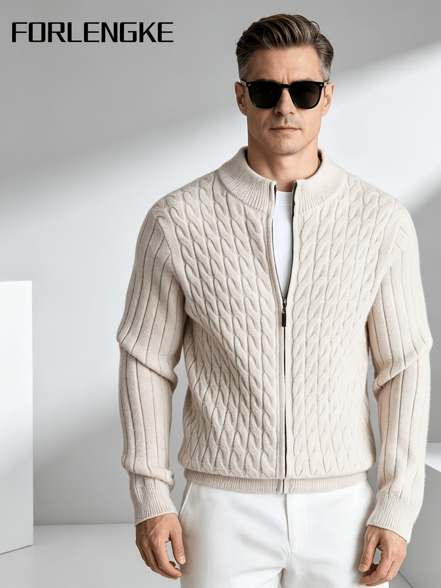 FORLENGKE Men'S Business Casual Stand Collar Cable Knit Cardigan, Soft Warm Textured Long Sleeve Sweater Jacket for Fall Winter Office Daily Wear - Apricot