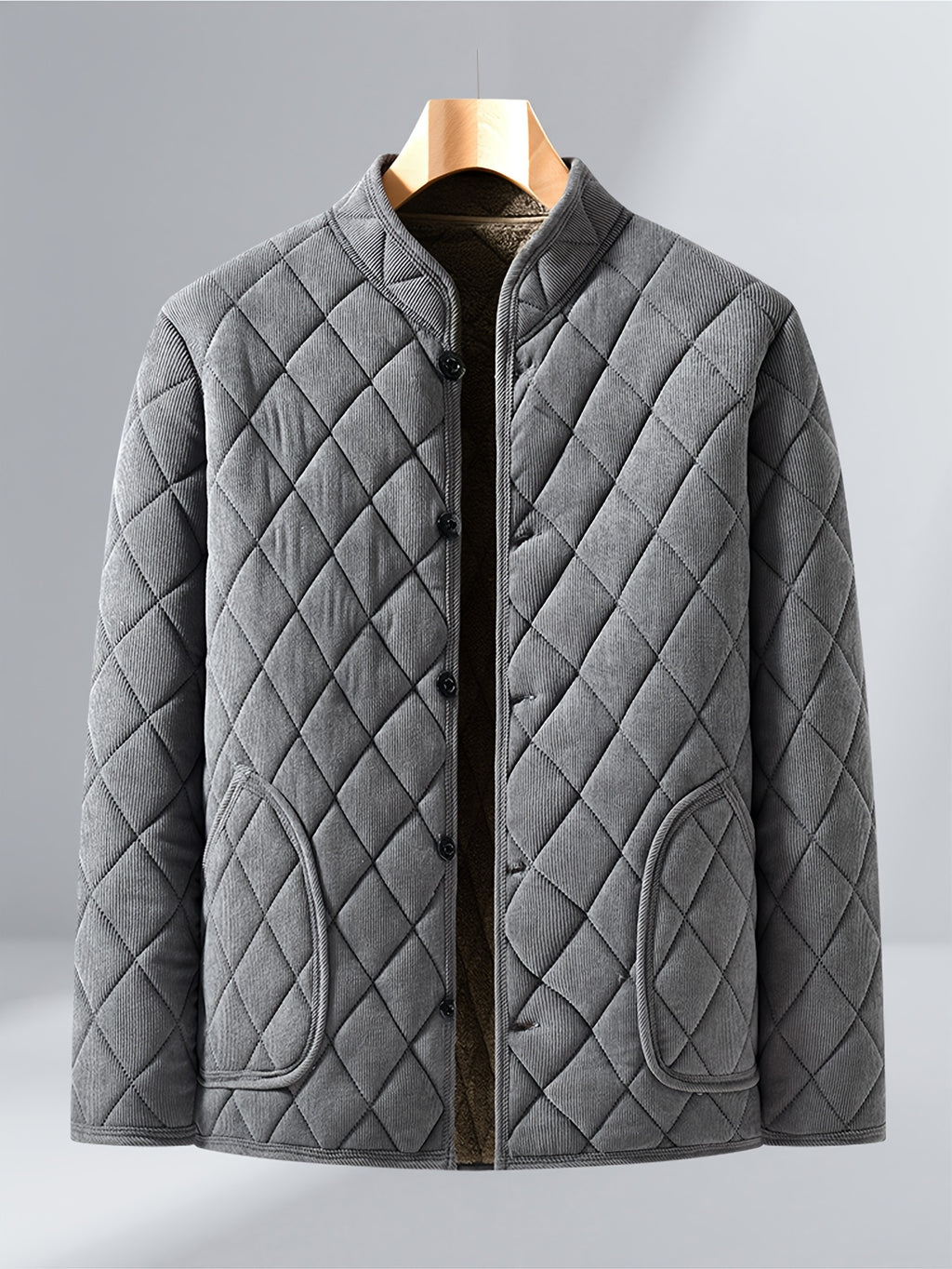 Men's Winter -Lined Padded Coat, Solid Color with Diamond Diagonal Stitching, Pockets, Stand-Up Collar, Casual Warm Outerwear - Grey