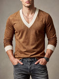 V-neck Long Sleeve T-shirt for Men, New Autumn/Winter Style, Inner Layer Top - Chocolate
