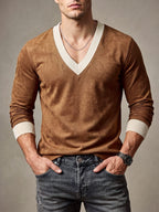 V-neck Long Sleeve T-shirt for Men, New Autumn/Winter Style, Inner Layer Top - Chocolate