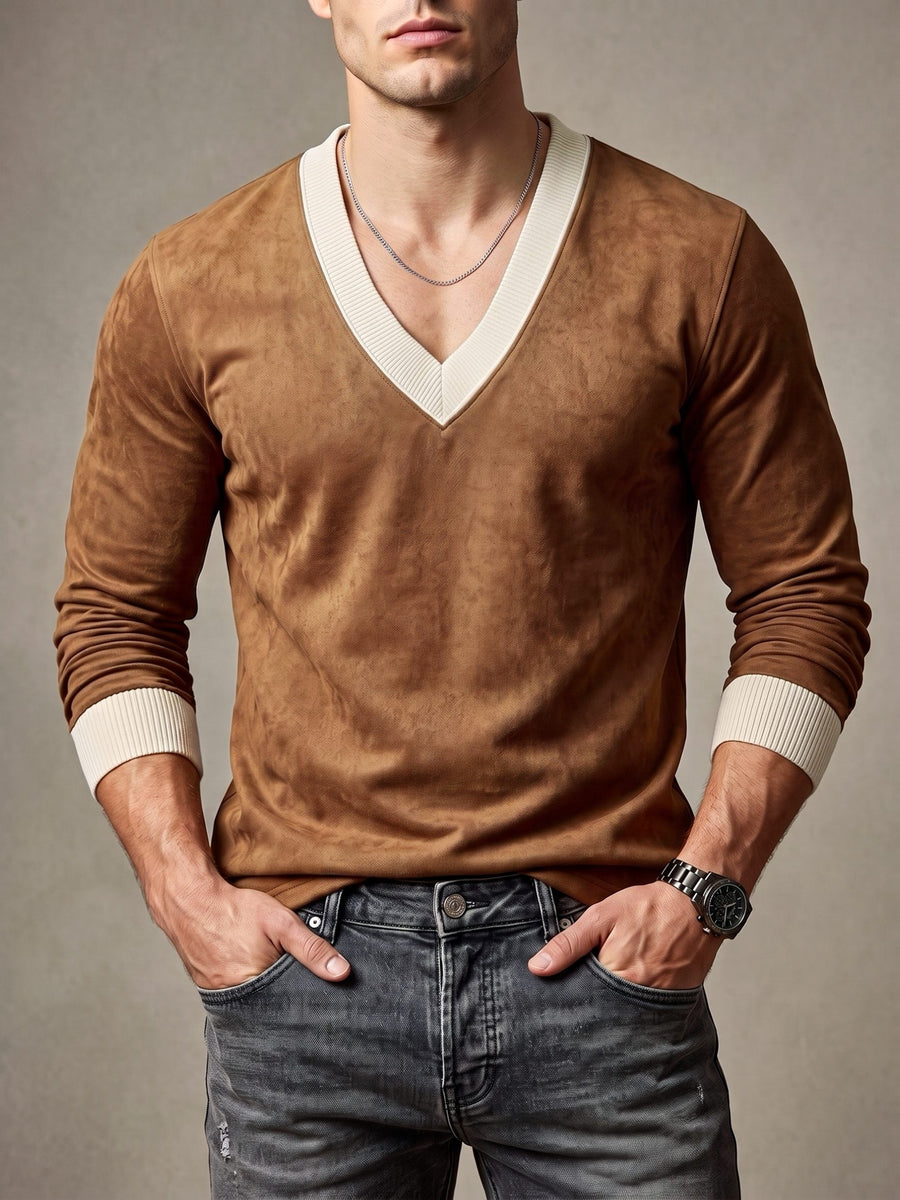 V-neck Long Sleeve T-shirt for Men, New Autumn/Winter Style, Inner Layer Top - Chocolate