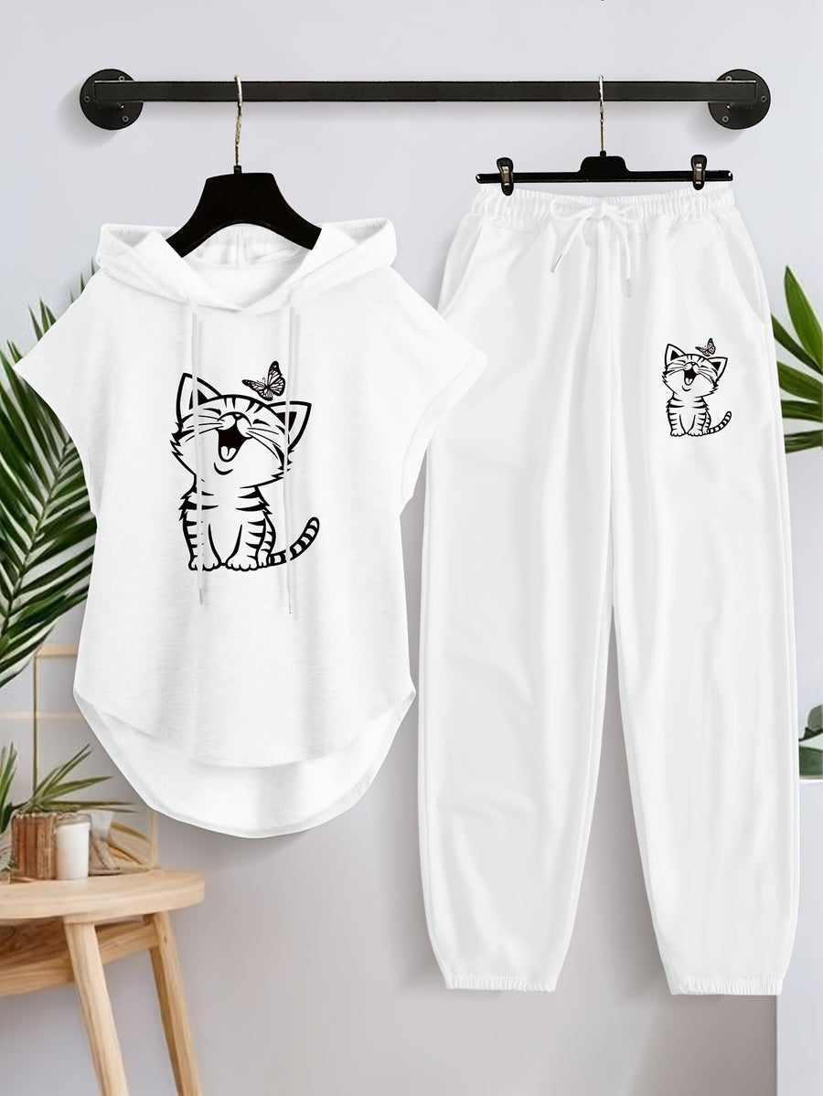 Women'S Sleeveless Hooded Top And Casual Long Pants Set X3649 - White