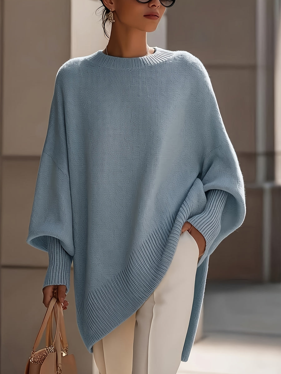 French-style Relaxed Silhouette Top, Irregular Slanted Hem Loose Lantern Sleeve Sweater, Gentle and Elegant Loose Fit That Is, Urban Casual Style - Sky Blue