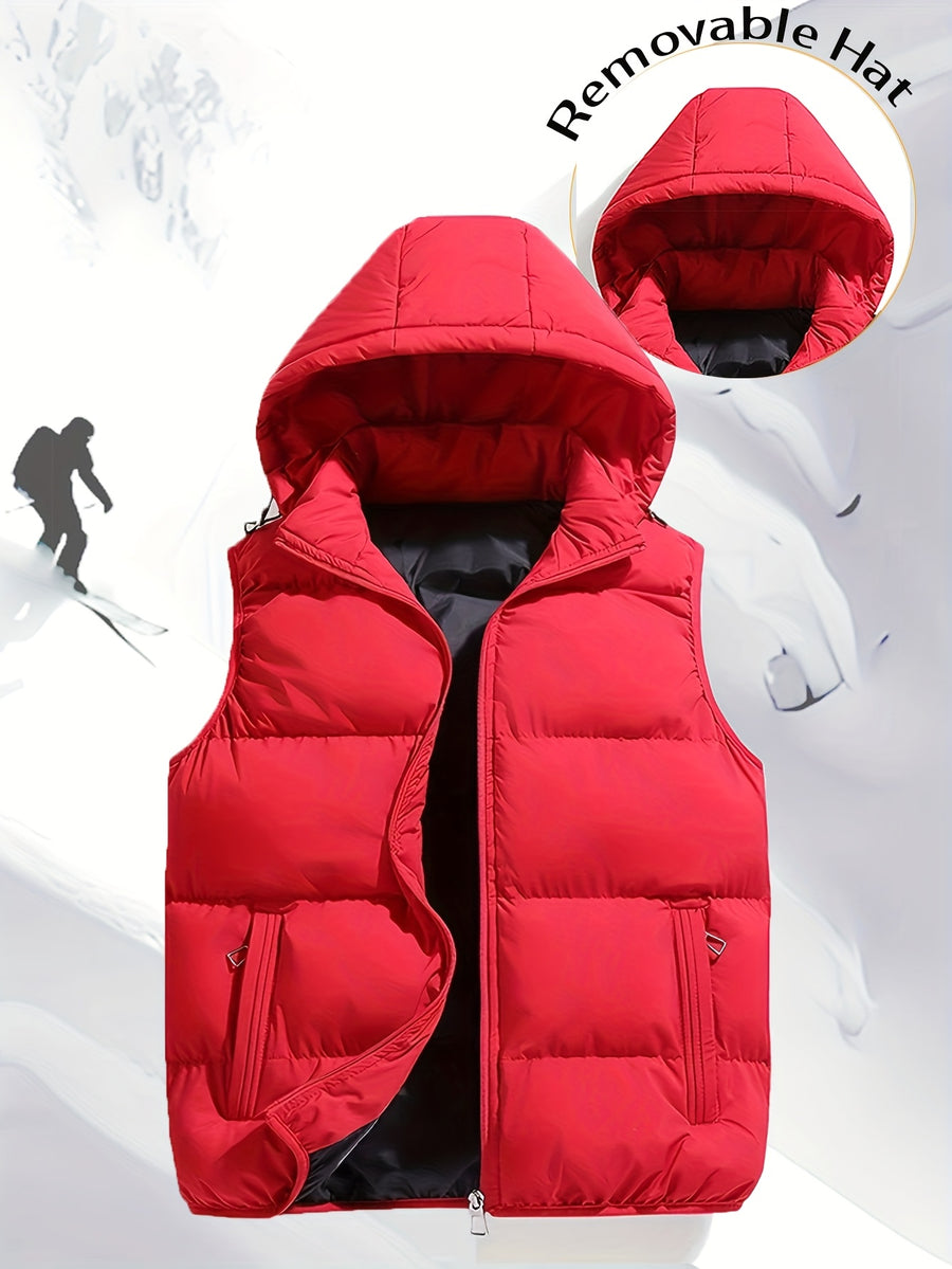 Men'S Autumn Winter Solid Color Vest, Outdoor Casual Fashion Thickened Waistcoat, Quilted Casual Warm Jacket with Removable Hood, Zippered Pockets, Men'S Cold Weather Jacket Top. Suitable for Multi-Scene Wear - Red