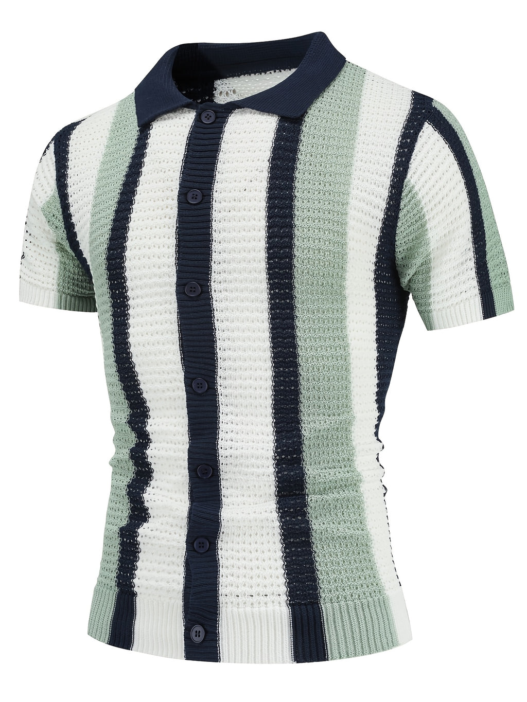 Men'S Color-Block Short-Sleeved Hollow Knit Cardigan Is Suitable for Summer And Autumn Fashion Breathable Open Knit Top - Navy Blue + Off-White + Pink Green