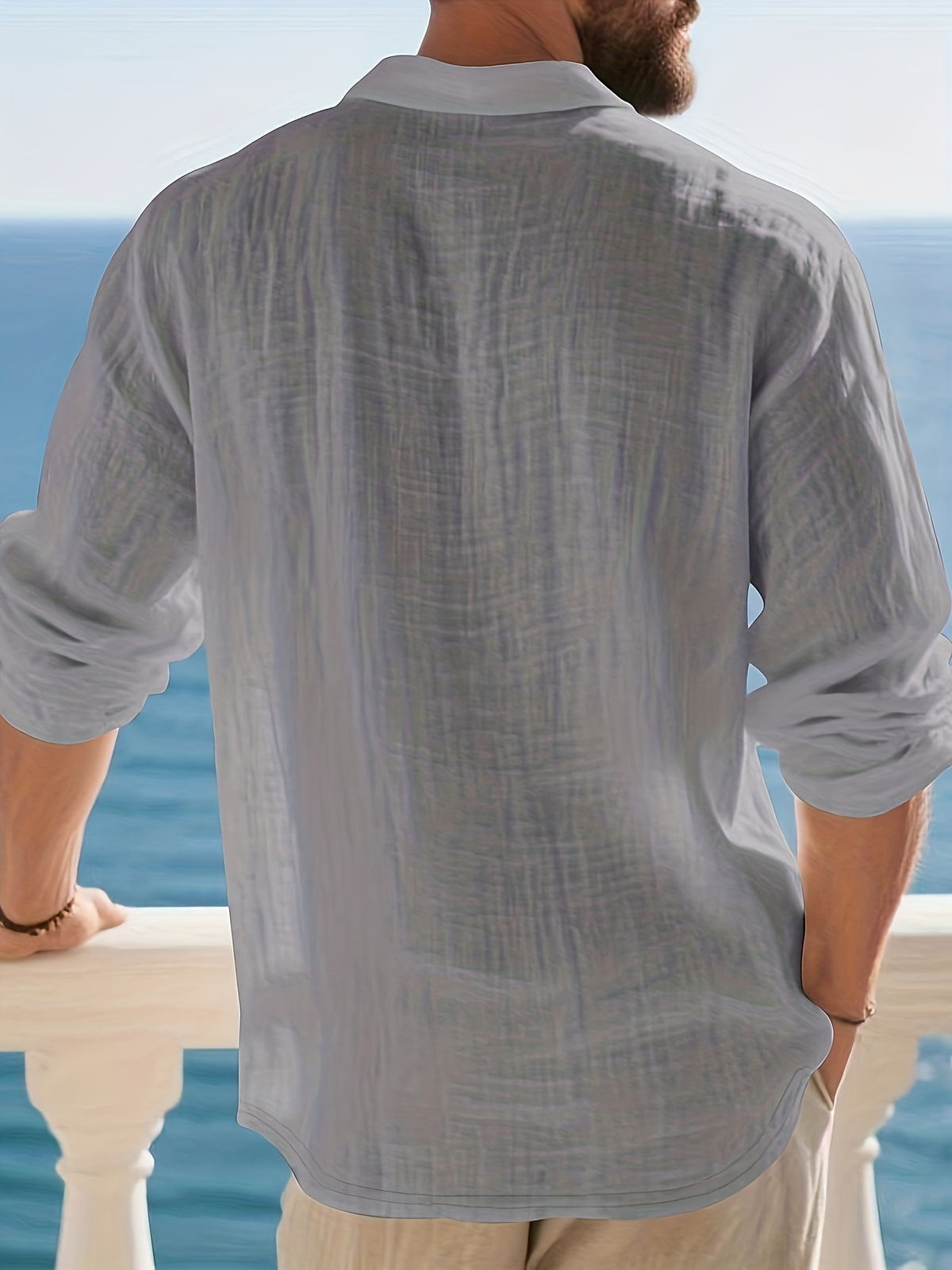 [Pearson OBM] Men'S Casual Fashion Breathable Soft Linen Texture Fabric Anti-Wrinkle Versatile Suitable for Daily Work Commuting Island Vacation Light Business Men'S Shirt - Grey