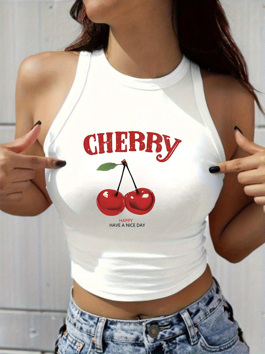 Women's Y2K Elegant Fashion Autumn/Summer Round Neck Tank Top, Cherry Print, Soft Fabric, Machine Washable Comfortable Knitwear, Trendy All-Season Street Style, Popular Loose-Fit Comfortable Multi-Color Option, Breathable Trendy Casual Top - White