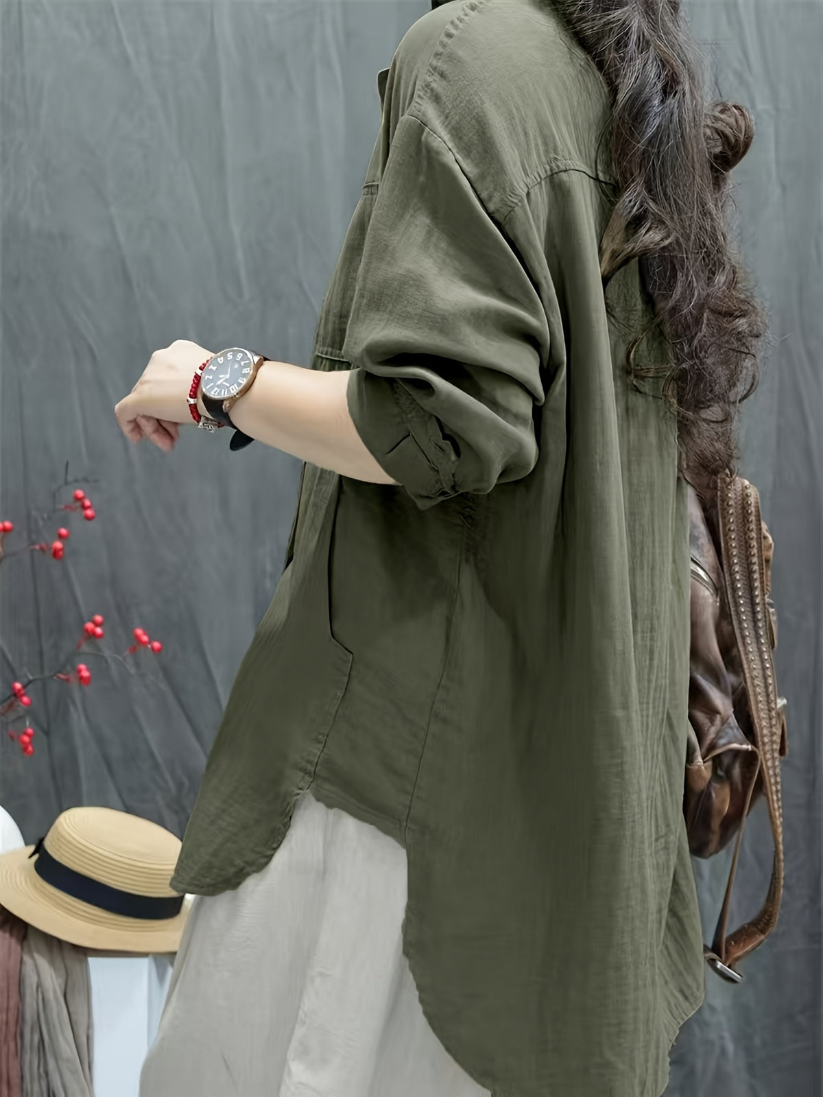 2025 Spring/Autumn New Style Loose All-Match Casual Solid Color Long Sleeve Shirt Women'S Retro Commute Street Style - Olive