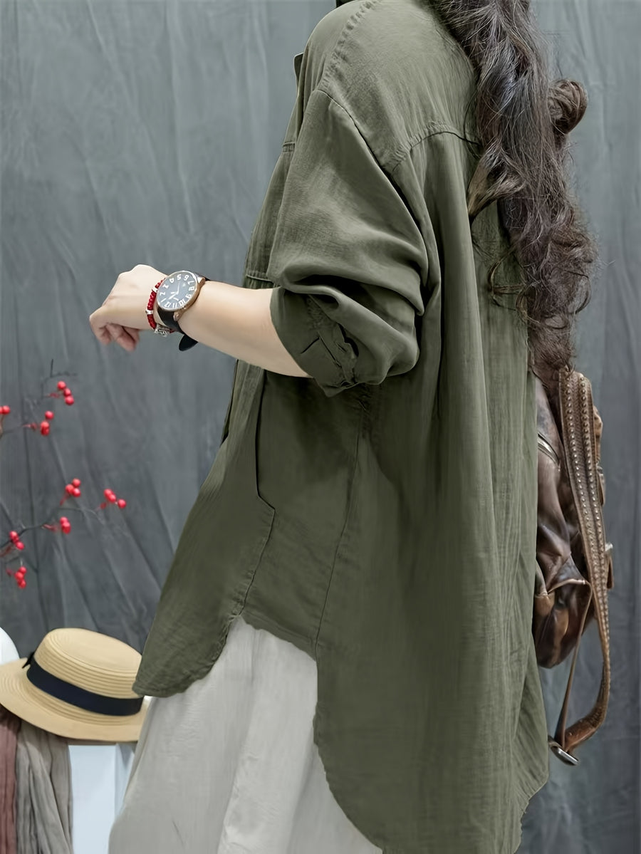 2025 Spring/Autumn New Style Loose All-Match Casual Solid Color Long Sleeve Shirt Women'S Retro Commute Street Style - Olive
