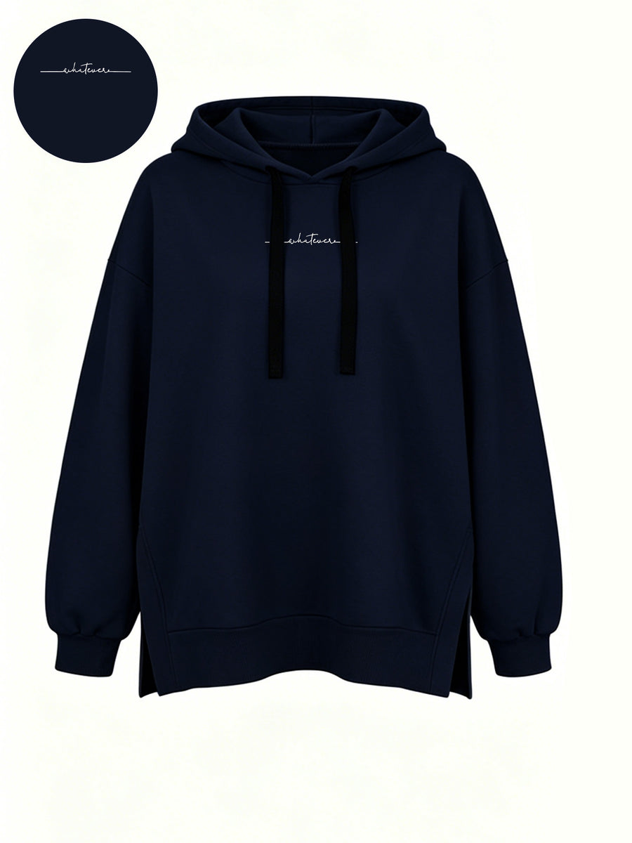 Women'S Fashion Hooded Sweatshirt for Autumn And Winter - Pattern Print Design, Side Slit Detail, Pullover Hoodie - Navy Color