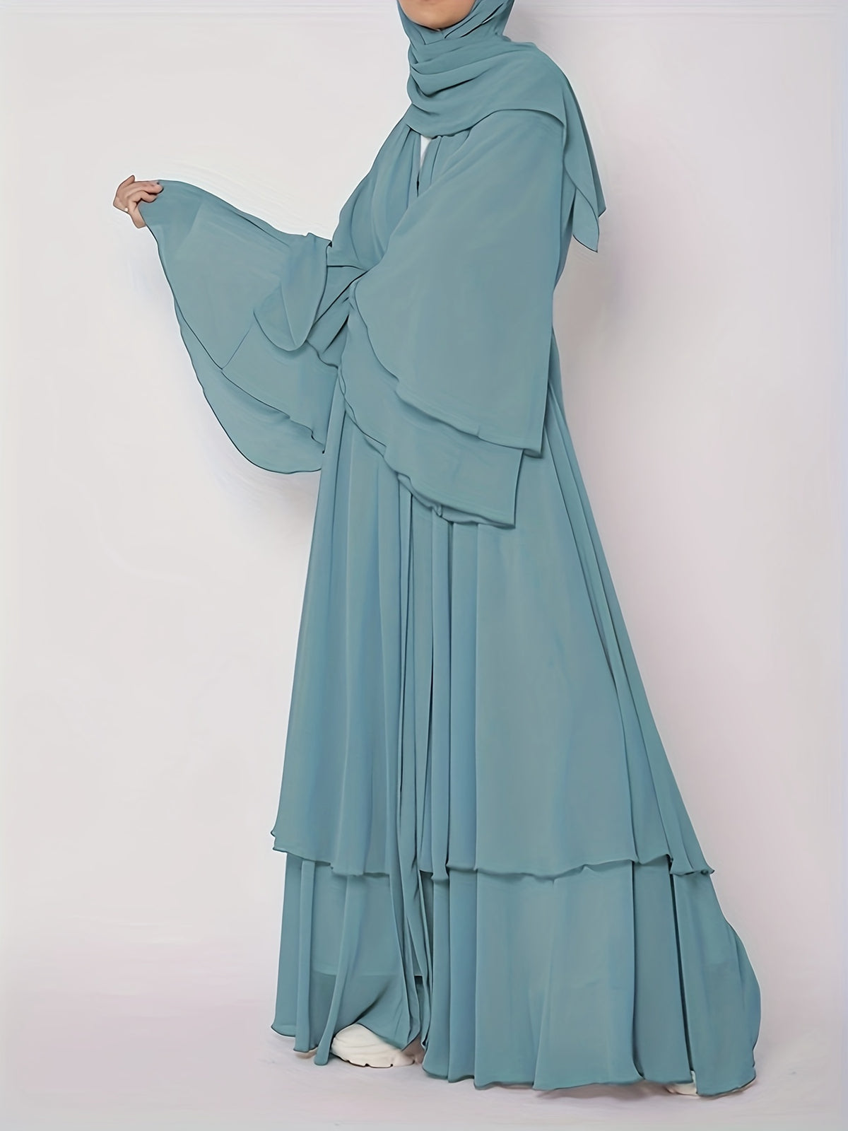 Ramadan Islamic Modest Dress Without Hijab, Long Sleeve Open Front Casual Modest Muslim Dress, Women's Clothing - Lake Blue