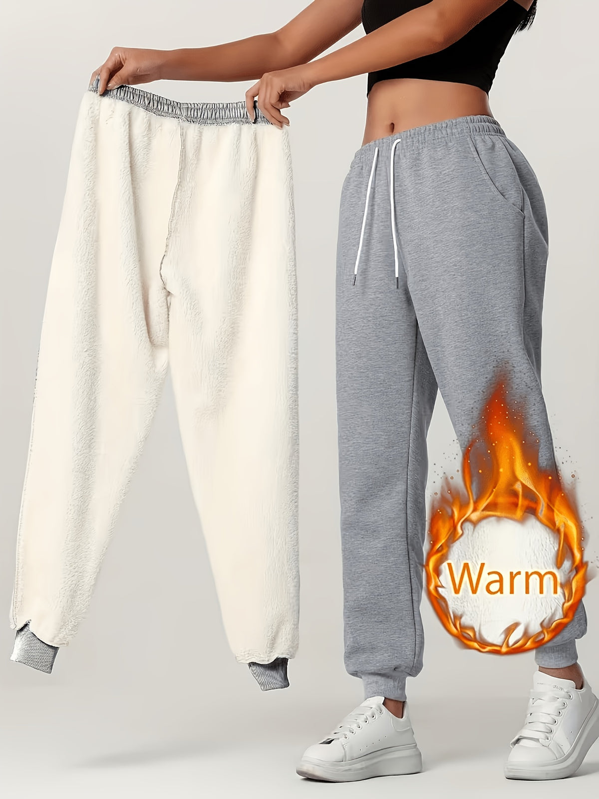 Winter Women'S Athletic Long Pants, Fleece-Lined Thick Casual Trousers with Elastic Waist And Ankle-Cinching Design - Grey
