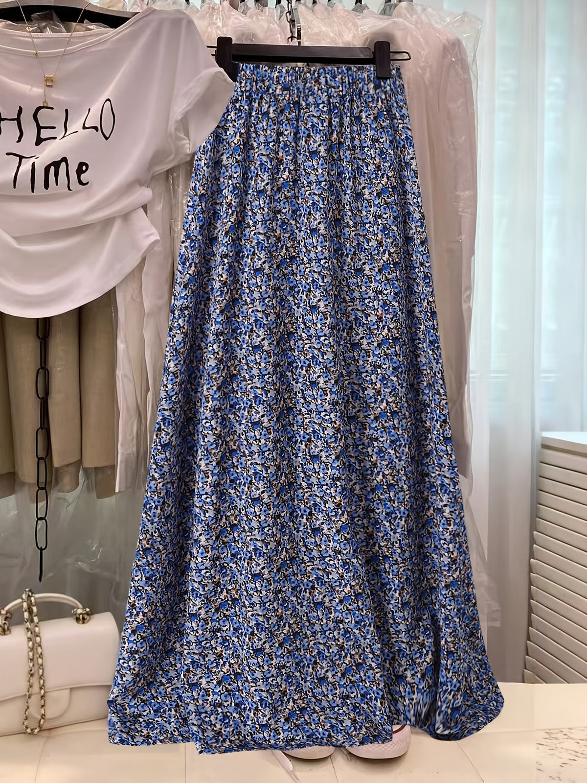 Women'S Blue Floral A-Line Skirt, Button Detail Design, Casual Flowy Non-Stretch Fabric, Suitable for Spring/Summer Vacation Daily Wear - Multicolor