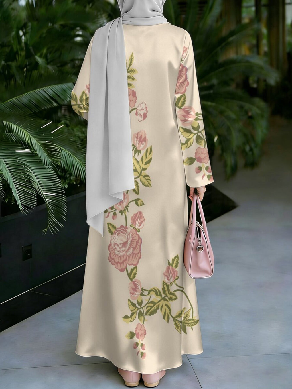 Women'S Hot Middle Eastern Style Muslim Elegant Robe, Beige with Peony Floral Print, Loose Long Sleeve Flowing Cut, for Prayer, Outings, And Banquets, Lightweight And Breathable Non- Craft - Mixed colors