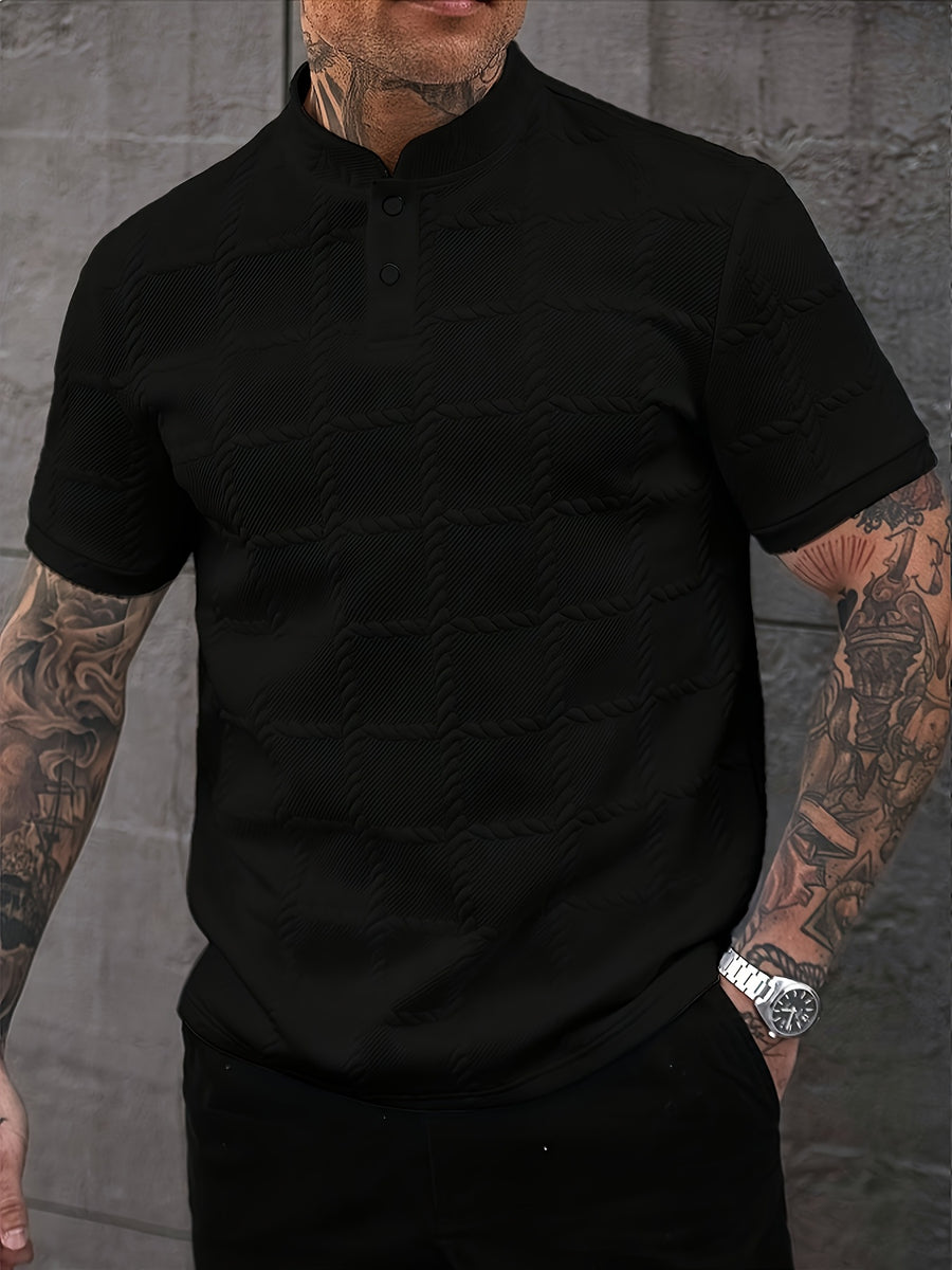 New Cross-Border Men'S Fashion Summer Casual Sports Short-Sleeved Small Stand-Up Collar Henley Shirt - Black