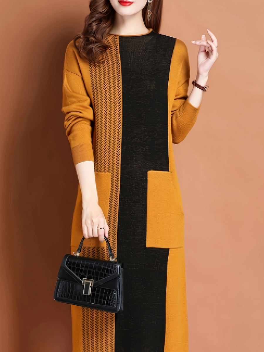 Autumn And Winter Women'S Dress Winter New Style Dress High-End Mid-Length Pullover Sweater Dress - Yellow
