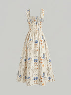 Women's Spring/Summer Romantic Floral Print Waist-Cinching Elegant Thick Spaghetti Suspender Dress for Vacation and Dates - Apricot