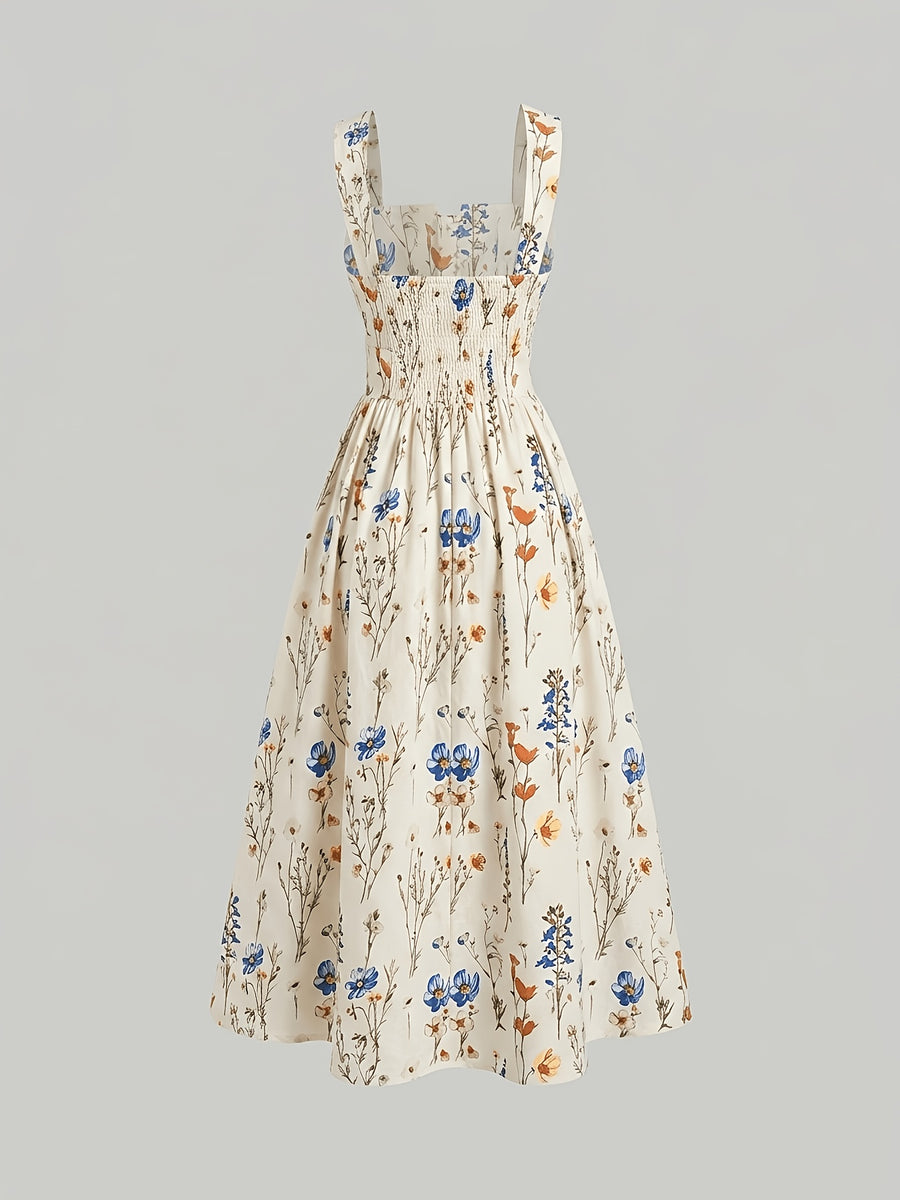 Women's Spring/Summer Romantic Floral Print Waist-Cinching Elegant Thick Spaghetti Suspender Dress for Vacation and Dates - Apricot