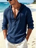 Spring Summer Men'S Linen Color-Block Drawstring Hooded Half-Button Retro Button Long Sleeve Henley Shirt Cuffs Can Be Rolled Loose Thin Breathable Pullover Top Beach Vacation All-Match Men'S Casual Vacation Long Sleeve Top - Navy Color