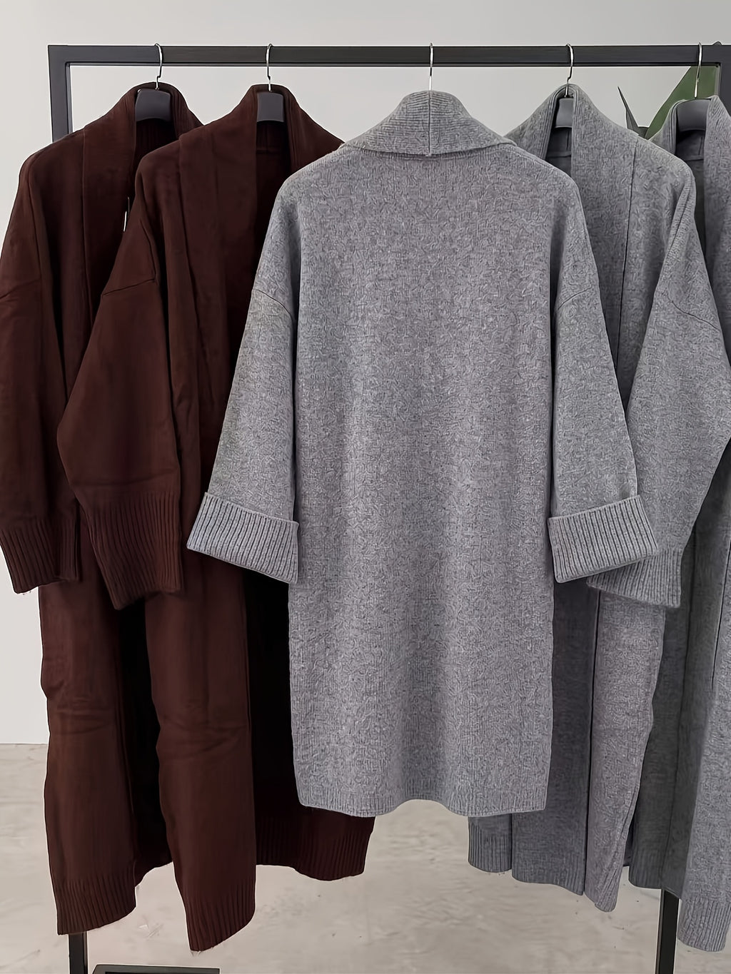 Large Lapel Buttonless Long Cardigan, Elegant Home Office Casual Versatile Foldable Wide Sleeve Loose Over-The-Knee Coat - Grey