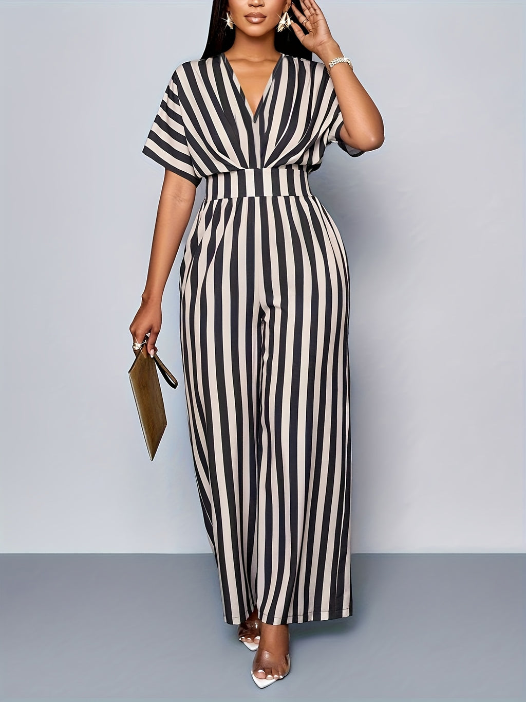 Print Batwing Sleeve Random Print Jumpsuit - Black Strips