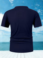 Men's Summer Short-Sleeve Henry Button-Front Shirt - Breathable Round Neck T-Shirt Suitable for Outdoor & Daily Wear, Casual Button Collar Blouse Style Top, Machine Washable Regular Fit for Warm Weather Wardrobe - Navy Color