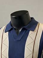 Men's Knitted Short-Sleeve Polo Shirt with Breathable Knit Mesh Eyelet Design, Multi-Color Contrast Striped Jacquard Knit Pattern, American-Style Lapel with Seagull Collar, Stylish and Slimming, Light Luxury Fashion, Designer Style Golf Polo Top - Sea Blue