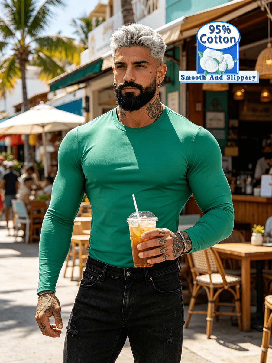 New Spring/Summer Men's Top, Fashionable Sporty Cotton Crew Neck Long Sleeve, Casual and Comfortable, Lightweight Summer Outerwear, Trendy Style - Green