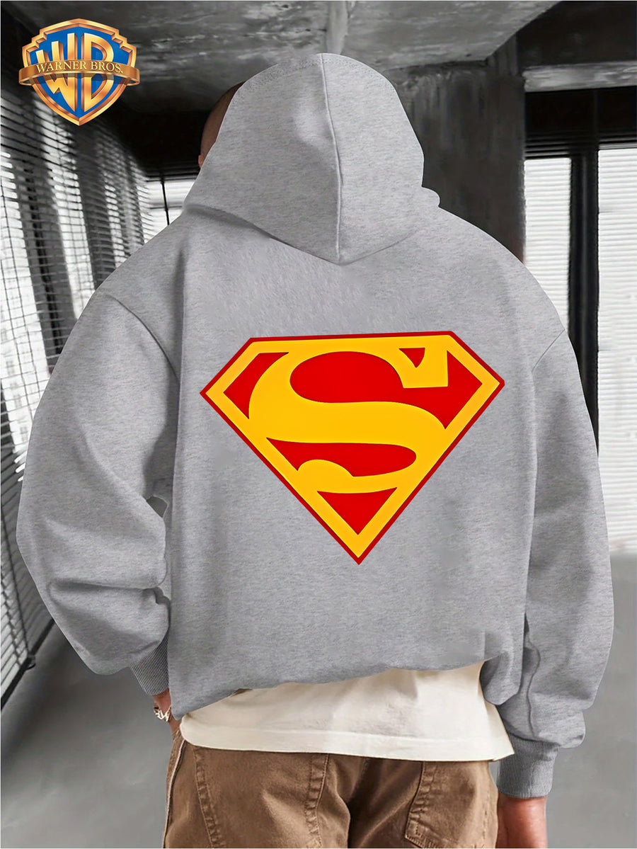 WB Men's Superman 'S' Logo Hooded - Iconic WB Logo & Superman Emblem Print Hoodie, Loose-Fit Casual Pullover with Hood, Fall/Winter Warmth, Machine Washable Suitable for Fall/Winter Warmth, Iconic Superman - Light Grey