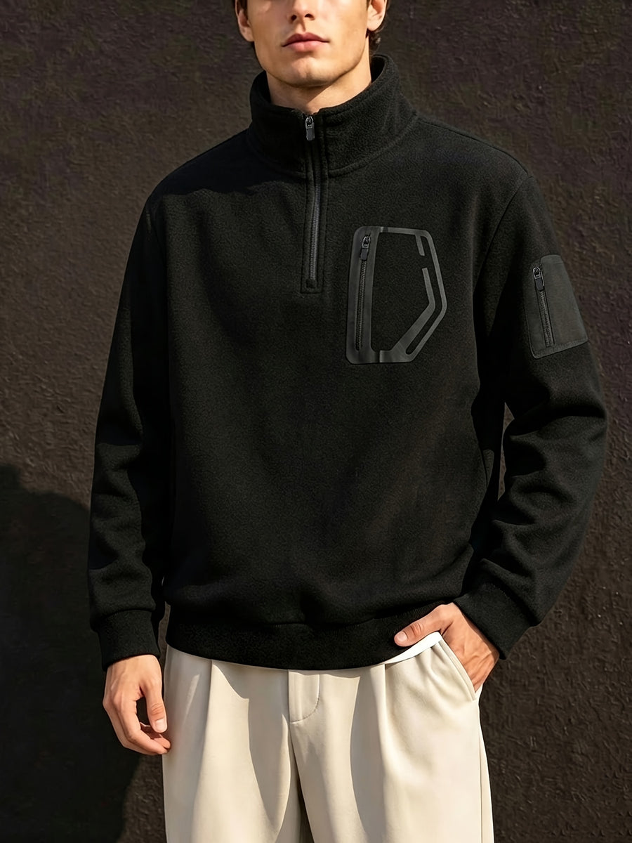 Men's Half-Zip Stand Collar Sweatshirt, Suitable for Daily Commuting, Urban Outings, Outdoor Walks, Short Hikes, Home Leisure, Etc., for Autumn and Winter - Black