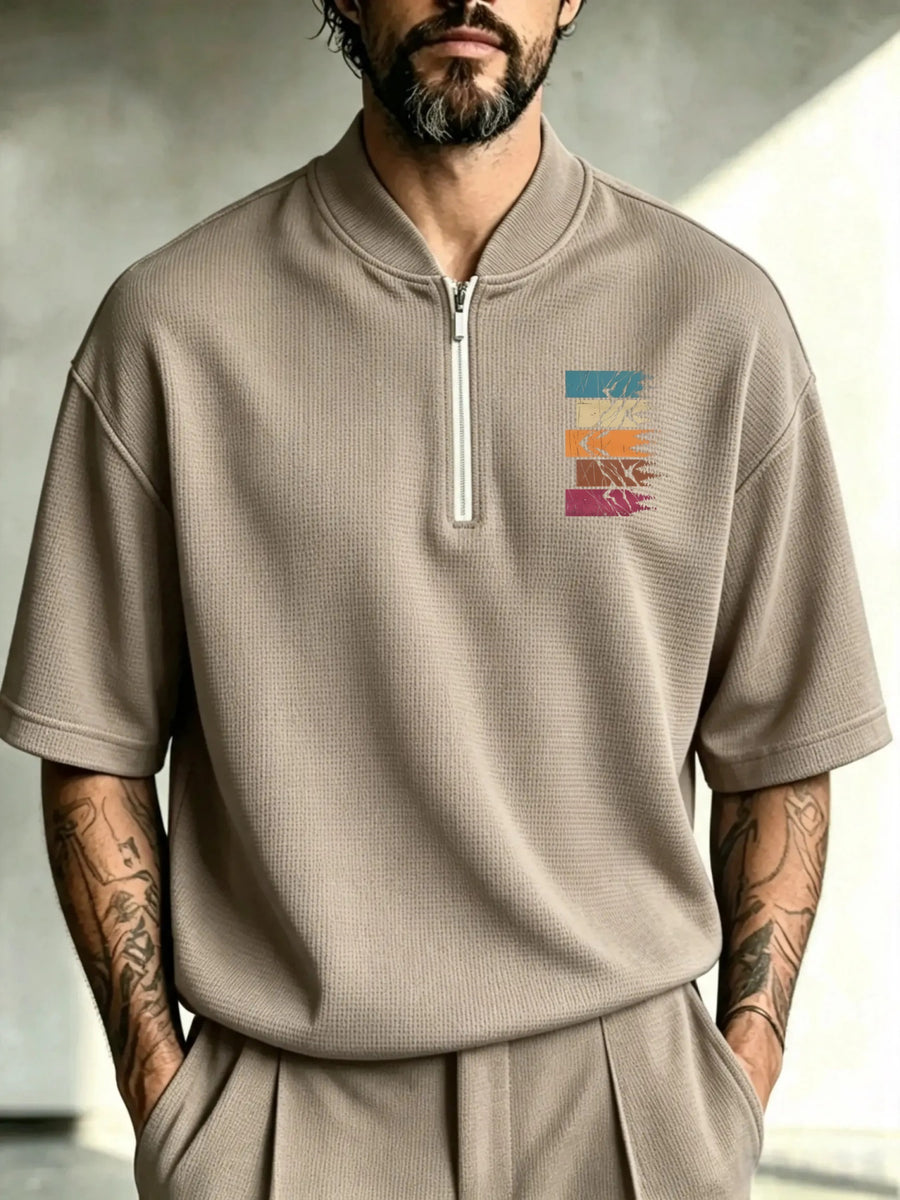 Men'S Half-Zip Stand Collar Plaid Knit T-Shirt, Retro Gradient Striped Abstract Ripped Color-Block Chest Print Loose Breathable Summer Casual Short-Sleeve Top - 【Brown】