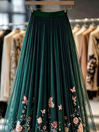 Printed Women's Maxi Skirt with Layered Chiffon Hem, Long A-line Skirt Suitable for Parties, Daily Wear, and All Seasons - Dark Green