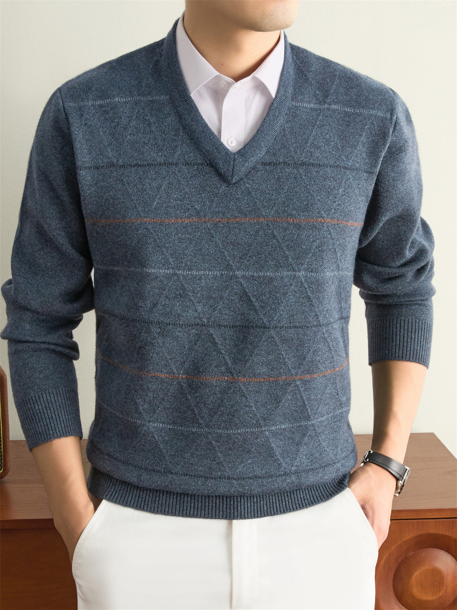 Men's Solid Color V-Neck Sweater - Warm Winter Knit Pullover with V-Neck Collar, Basic Long Sleeve Knitwear Suitable for Fall and Winter, Casual Office Wear, Hand Washable Regular Fit Sweater for Layering - Blue