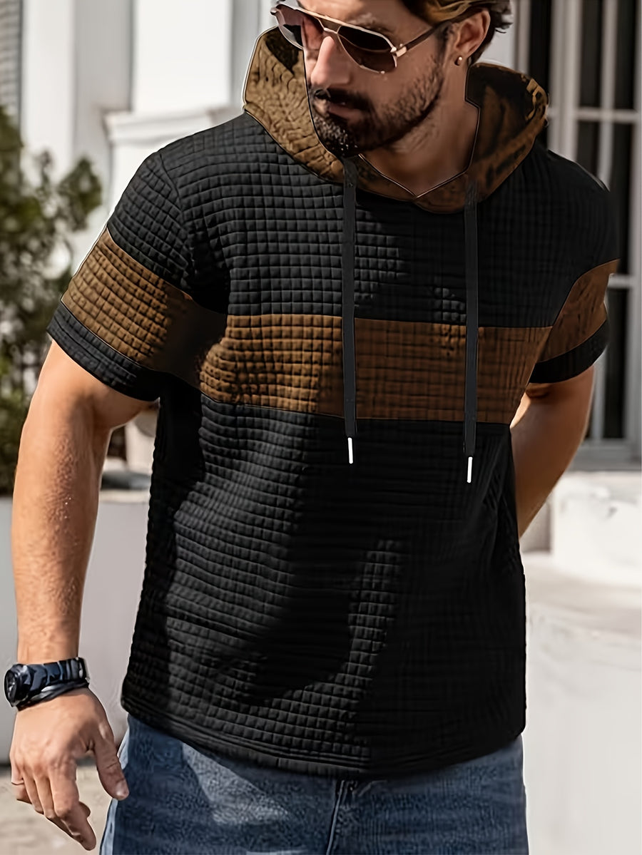 Men'S Summer Essential Hooded Short Sleeve T-Shirt, Casual Loose Fit, Breathable And Wrinkle-Resistant Fabric, Durable And Non-Deformable, Drawstring Hood Design, Arched Hem for Body Shaping, Statement Color Block for Trendy Appeal - Camel