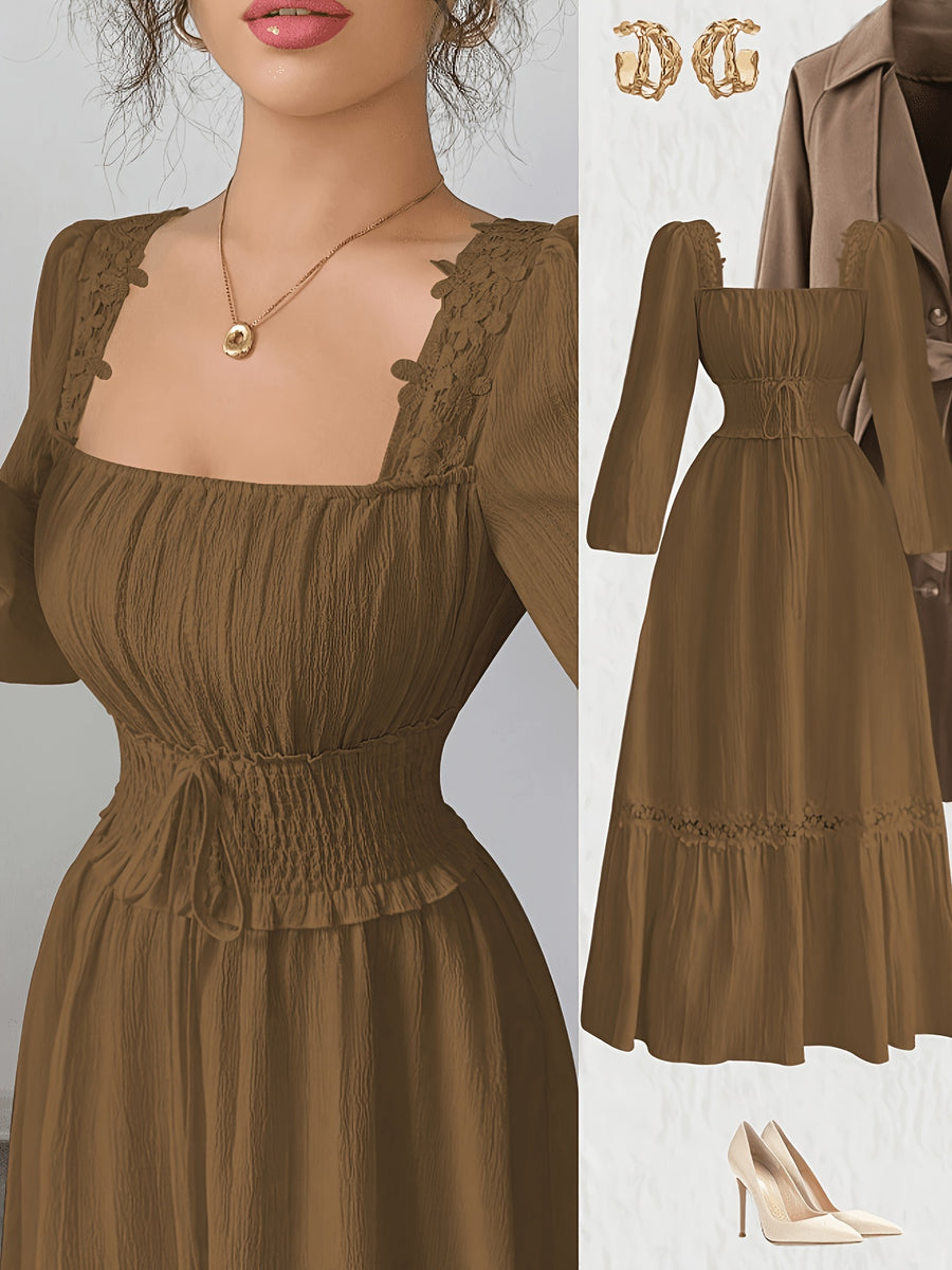 New Spring/autumn Cream Yellow French Ruffle Square Neckline Elegant Slim-fit Long-sleeved Dress, Women's Autumn - 【Brown】