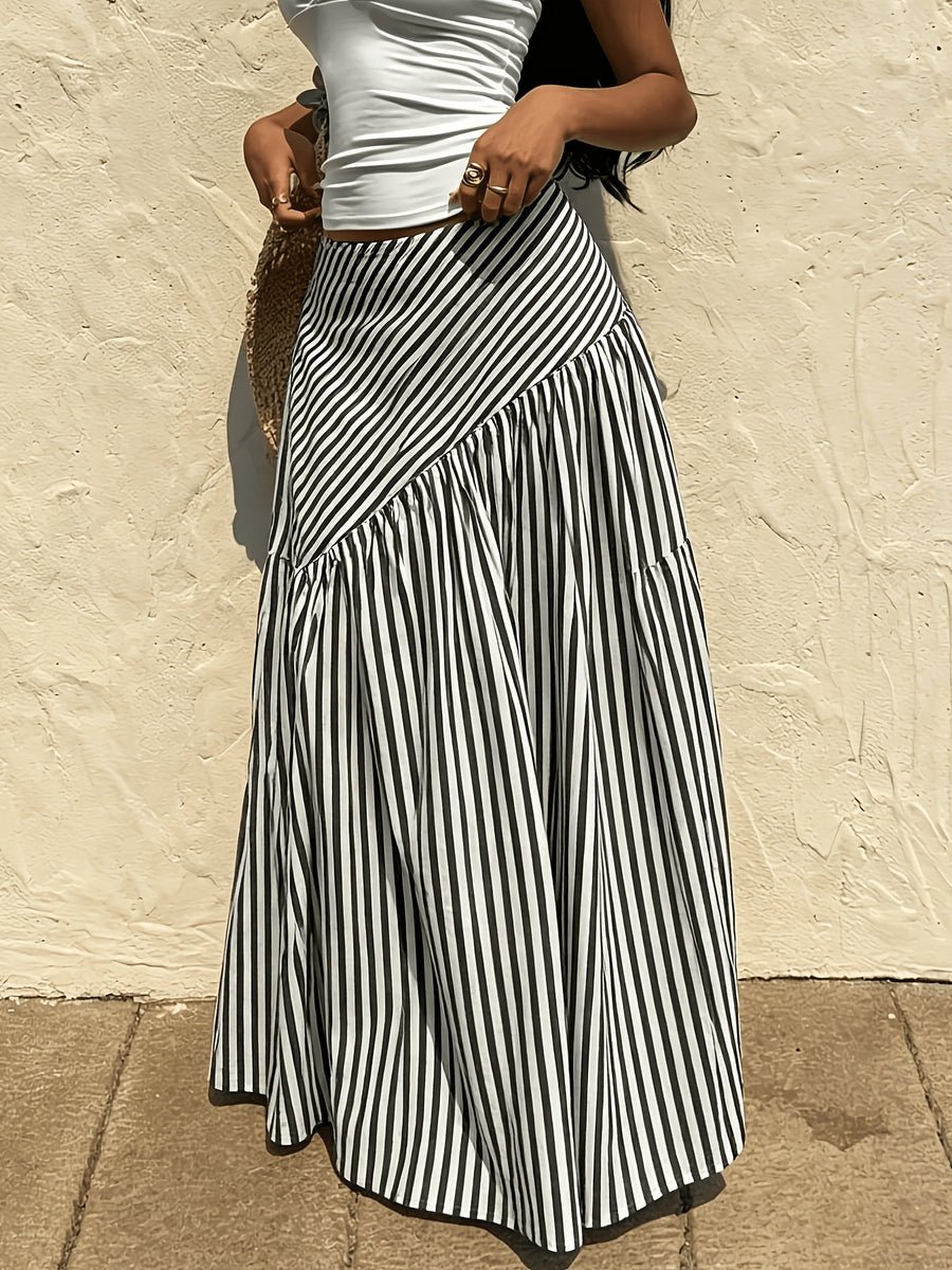 Elegant Women'S Spring Summer Autumn Winter All-Season Western Casual Bohemian Striped Flared A-Line Maxi Dress - Black And White Stripes