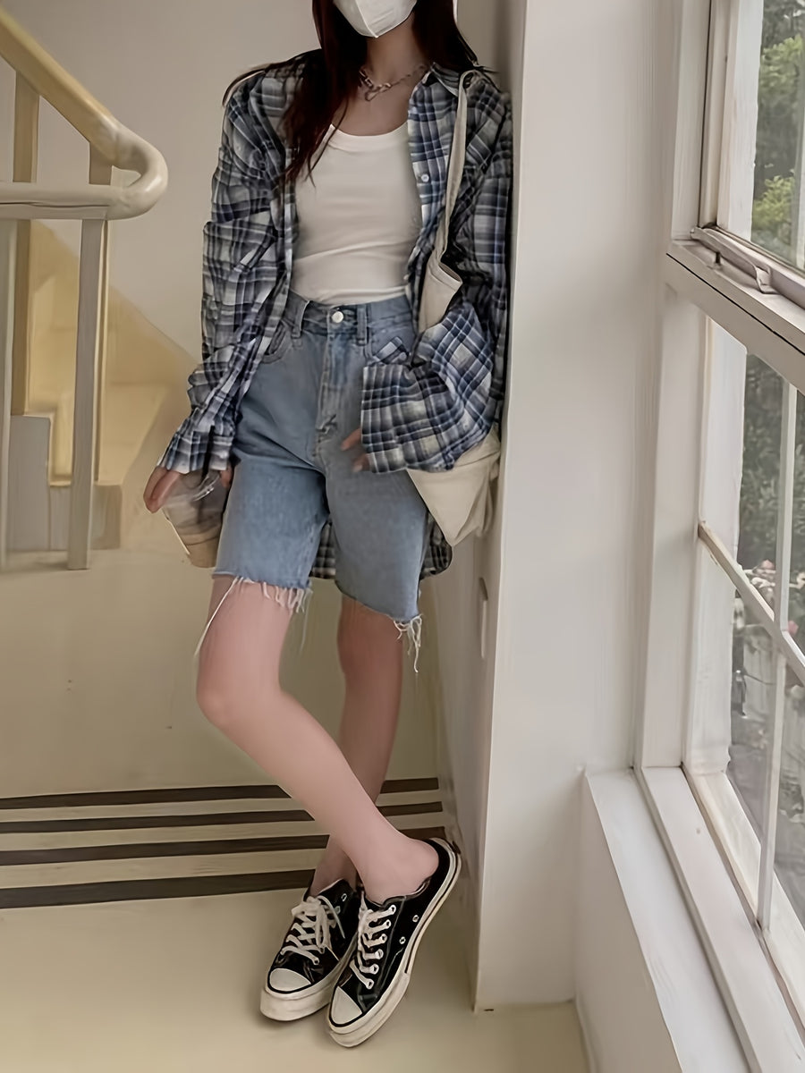 Women'S Shirt Multicolor Brushed Plaid Shirt Loose Top - Blue