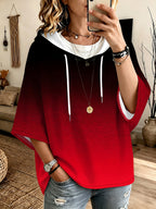 Women's Black and Red Gradient Smudge Print Three-Quarter Sleeve Hooded Sweatshirt, Loose Fit Drawstring Pullover Top, Casual and Versatile - Mixed colors